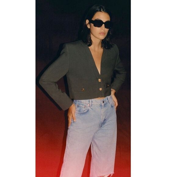 Zara khaki green gray cropped bolero blazer jacket Sz L shoulder pads - Picture 3 of 14